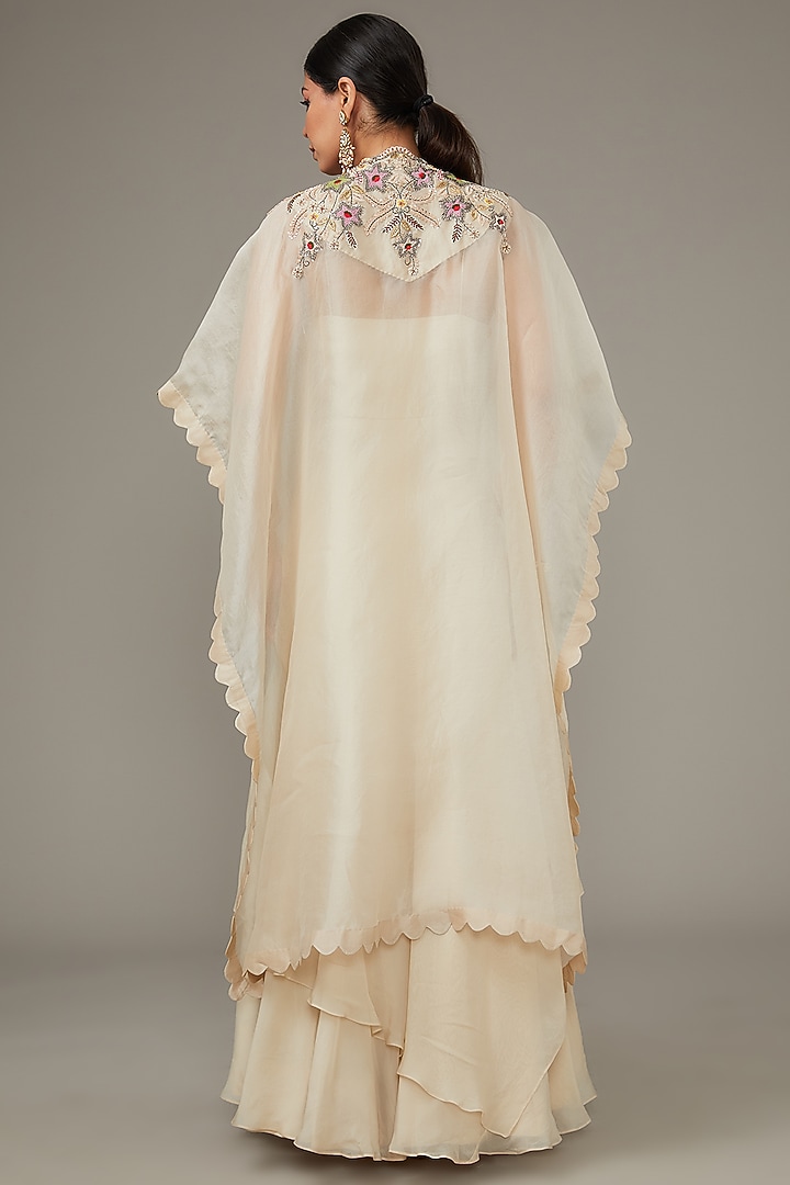 Ivory Organza Hand Embroidered Kaftan Cape With Gown by Ojasvini at Pernia's Pop Up Shop