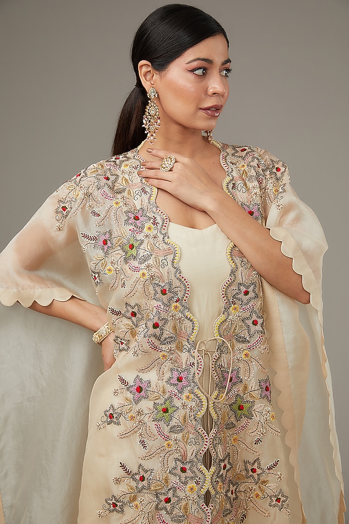 Ivory Organza Hand Embroidered Kaftan Cape With Gown by Ojasvini at Pernia's Pop Up Shop