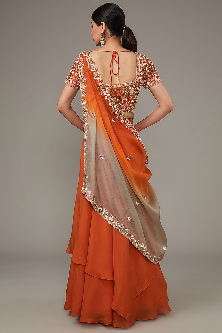 Orange Silk & Organza Embroidered Wedding Lehenga Set by Ojasvini at Pernia's Pop Up Shop