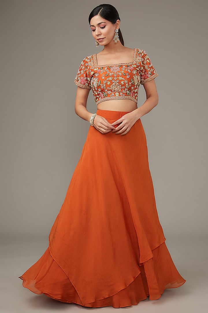 Orange Silk & Organza Embroidered Wedding Lehenga Set by Ojasvini at Pernia's Pop Up Shop