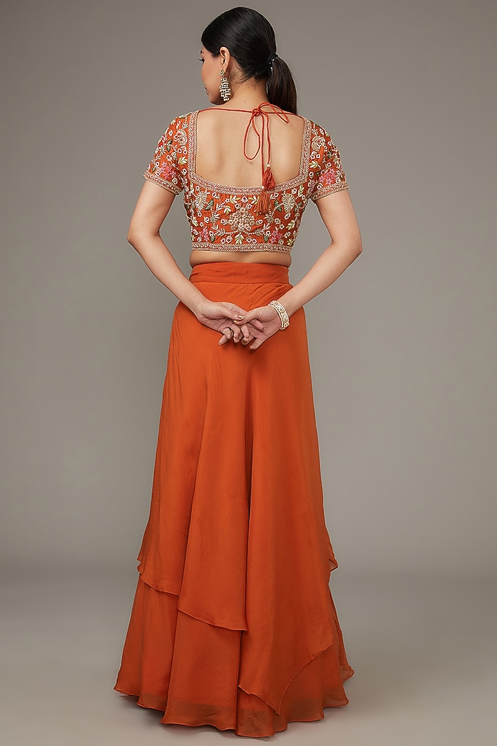 Orange Silk & Organza Embroidered Wedding Lehenga Set by Ojasvini at Pernia's Pop Up Shop