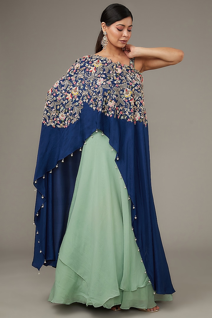 Navy Blue Chenise Dupion Hand Embroidered Cape With Gown by Ojasvini