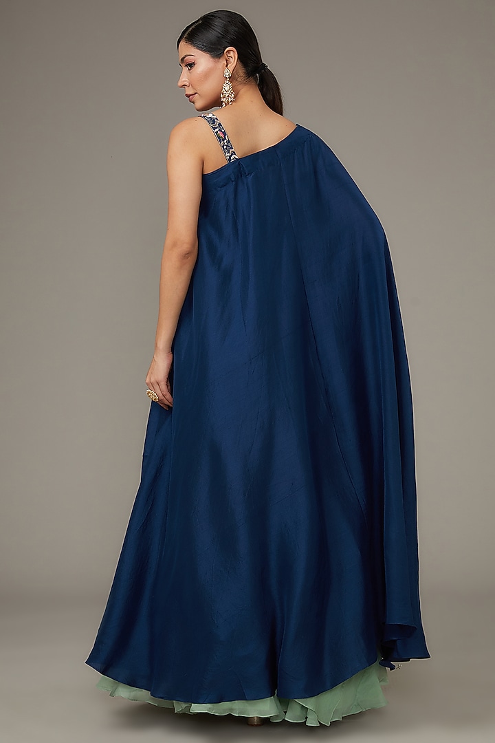 Navy Blue Chenise Dupion Hand Embroidered Cape With Gown by Ojasvini at Pernia's Pop Up Shop