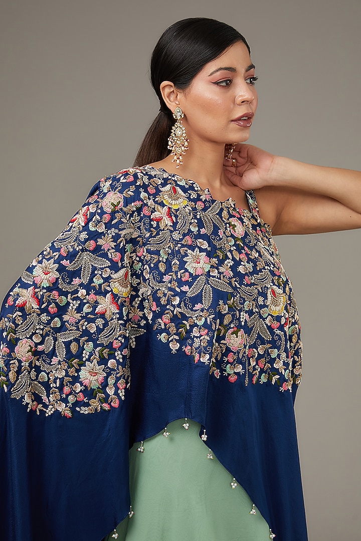 Navy Blue Chenise Dupion Hand Embroidered Cape With Gown by Ojasvini at Pernia's Pop Up Shop