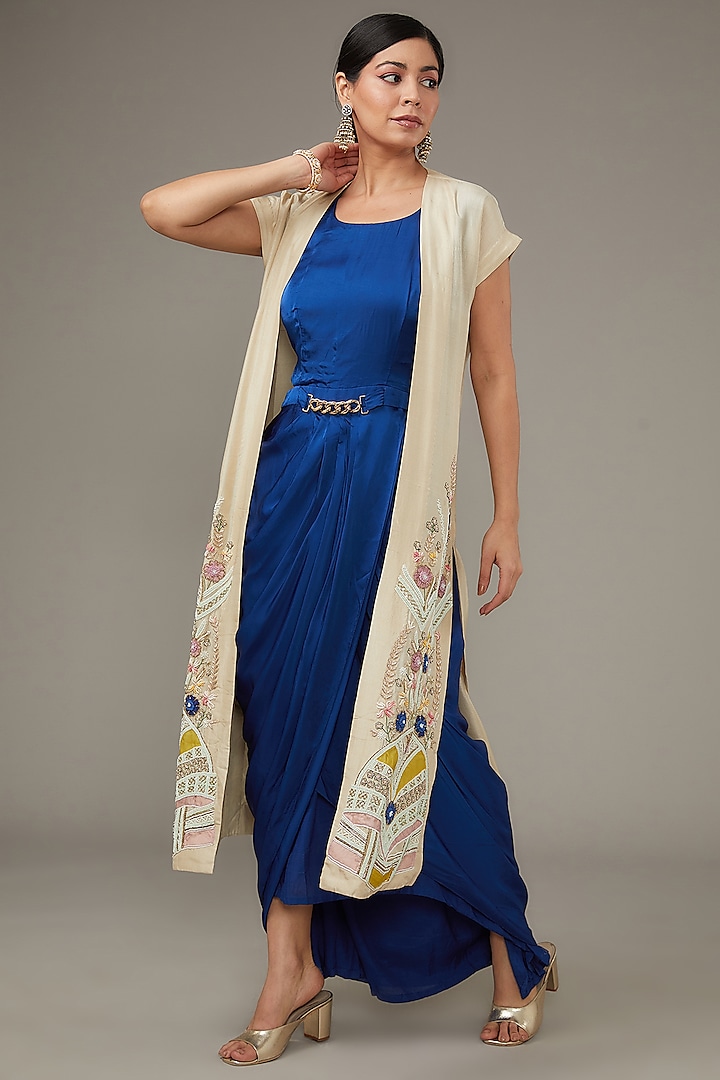 Blue Satin Gown With Embroidered Jacket by Ojasvini
