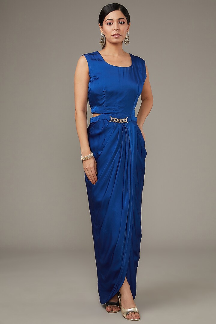 Blue Satin Engagement Gown With Embroidered Jacket by Ojasvini at Pernia's Pop Up Shop