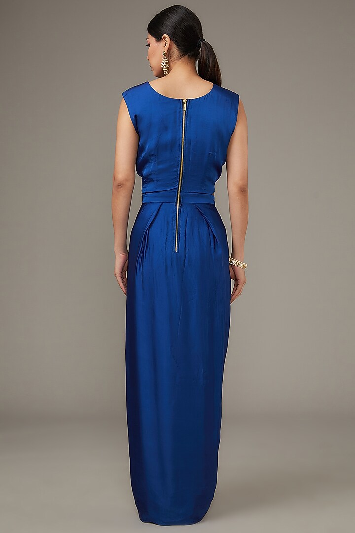 Blue Satin Engagement Gown With Embroidered Jacket by Ojasvini at Pernia's Pop Up Shop