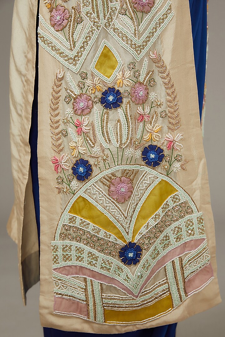 Blue Satin Engagement Gown With Embroidered Jacket by Ojasvini at Pernia's Pop Up Shop