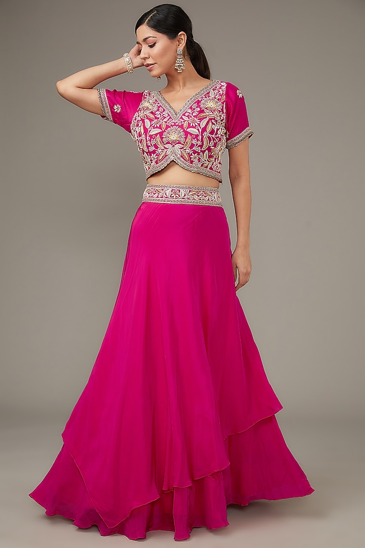 Red Pure Organza & Crepe Embroidered Jacket Wedding Lehenga Set by Ojasvini at Pernia's Pop Up Shop