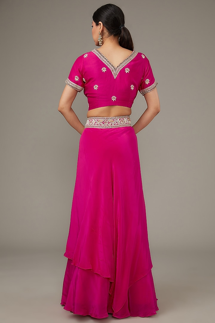Red Pure Organza & Crepe Embroidered Jacket Wedding Lehenga Set by Ojasvini at Pernia's Pop Up Shop