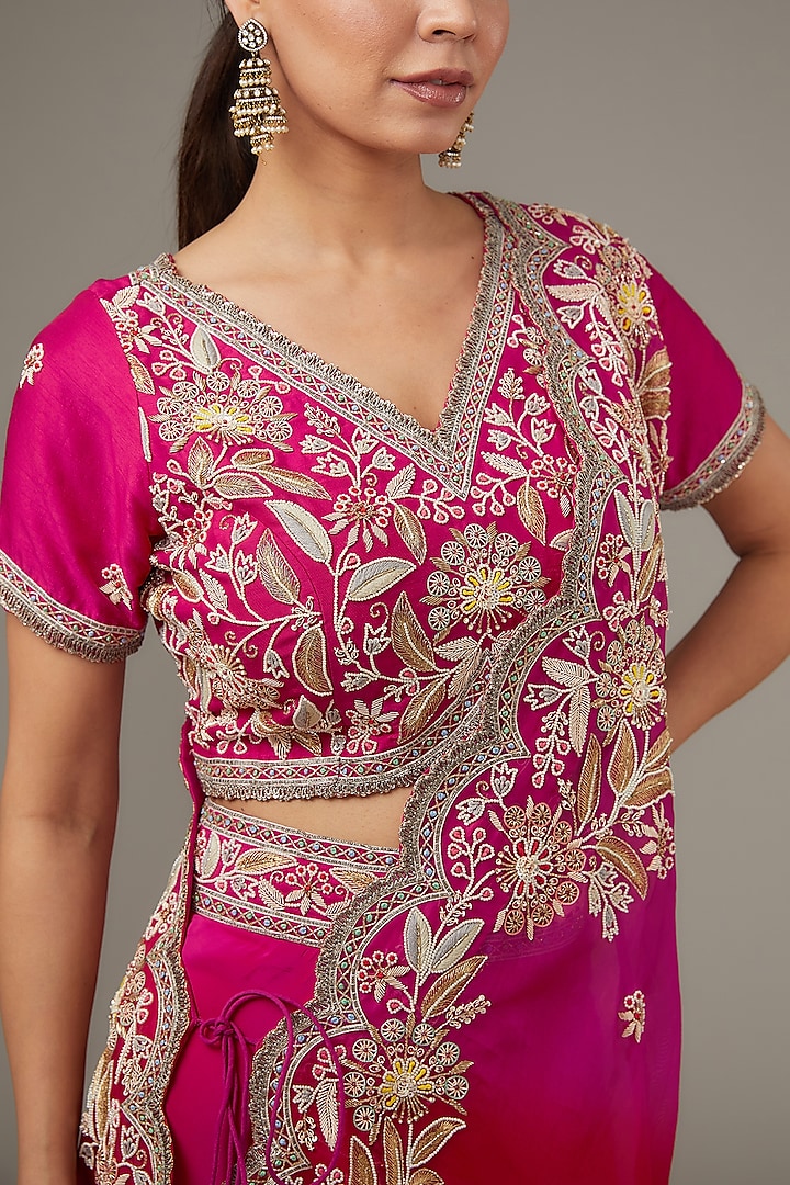 Red Pure Organza & Crepe Embroidered Jacket Wedding Lehenga Set by Ojasvini at Pernia's Pop Up Shop