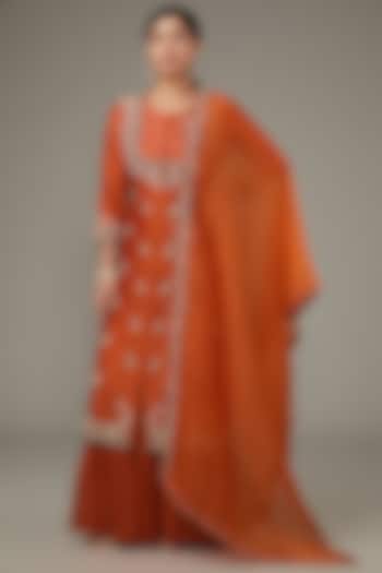 Orange Georgette & Silk Chanderi Embroidered Jacket Set by Ojasvini