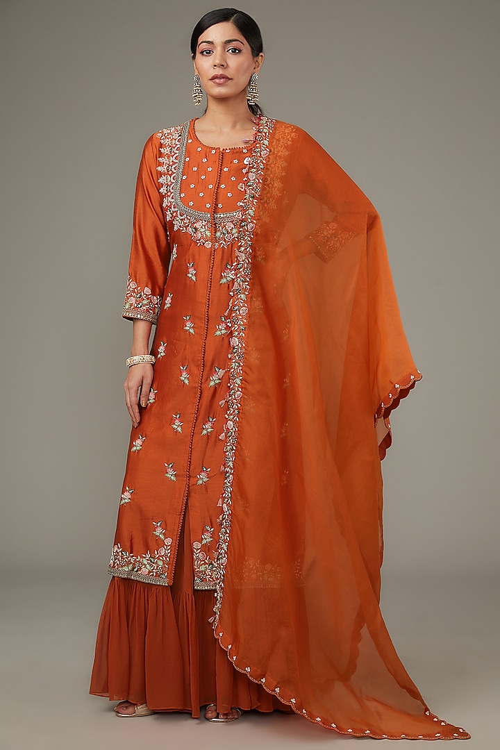 Orange Georgette & Silk Chanderi Embroidered Jacket Set by Ojasvini