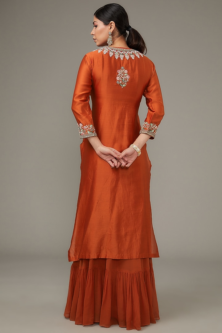 Orange Georgette & Silk Chanderi Embroidered Jacket Set by Ojasvini at Pernia's Pop Up Shop