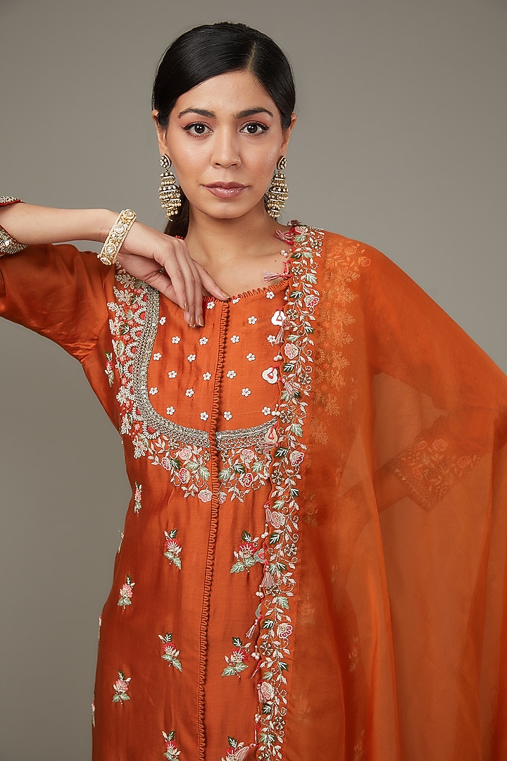 Orange Georgette & Silk Chanderi Embroidered Jacket Set by Ojasvini at Pernia's Pop Up Shop