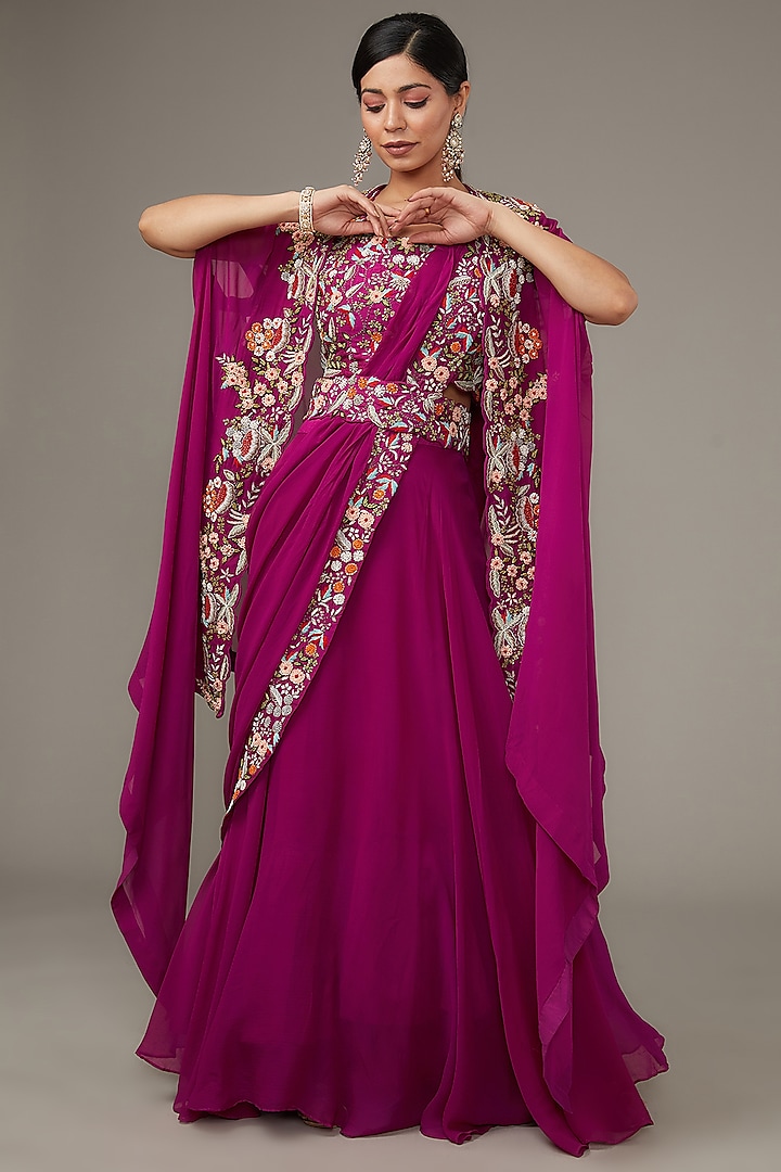 Purple Georgette & Silk Hand Embroidered Jacket Lehenga Set by Ojasvini
