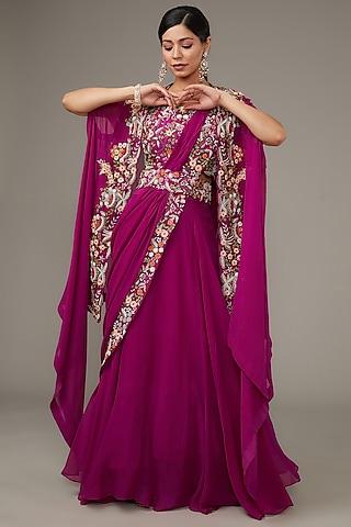 Purple Georgette & Silk Hand Embroidered Jacket Lehenga Set by Ojasvini