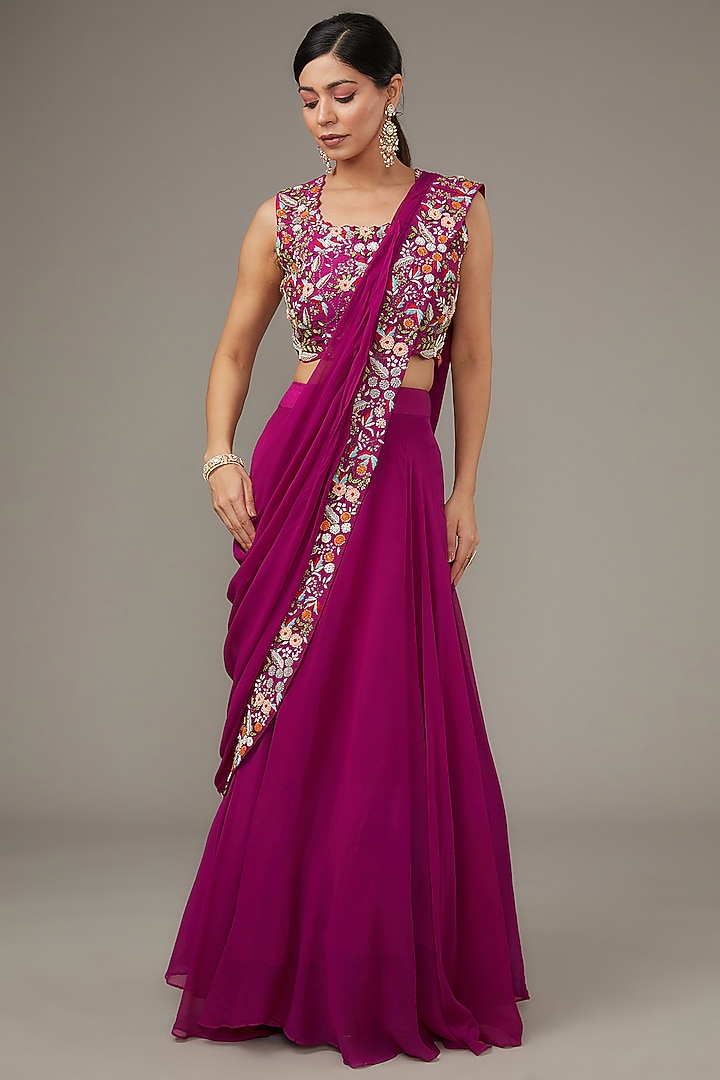 Purple Georgette & Silk Hand Embroidered Jacket Wedding Lehenga Set by Ojasvini at Pernia's Pop Up Shop