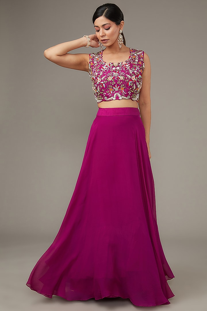 Purple Georgette & Silk Hand Embroidered Jacket Wedding Lehenga Set by Ojasvini at Pernia's Pop Up Shop