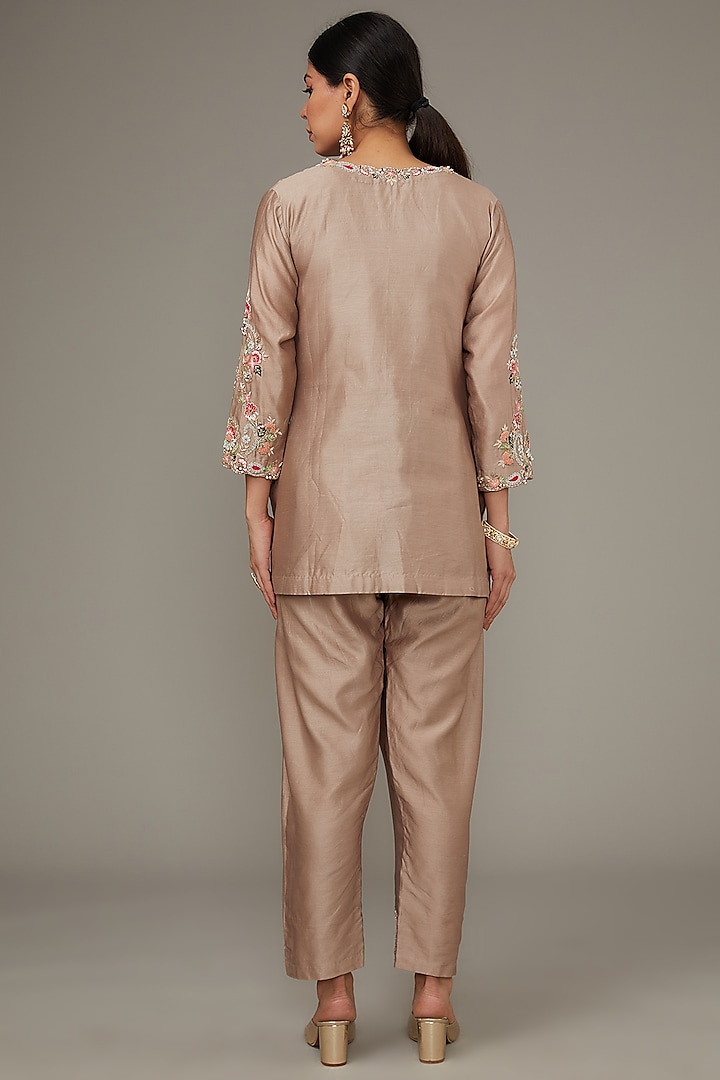 Light Coffee Silk Chanderi & Satin Lycra Hand Embroidered Co-Ord Set by Ojasvini at Pernia's Pop Up Shop
