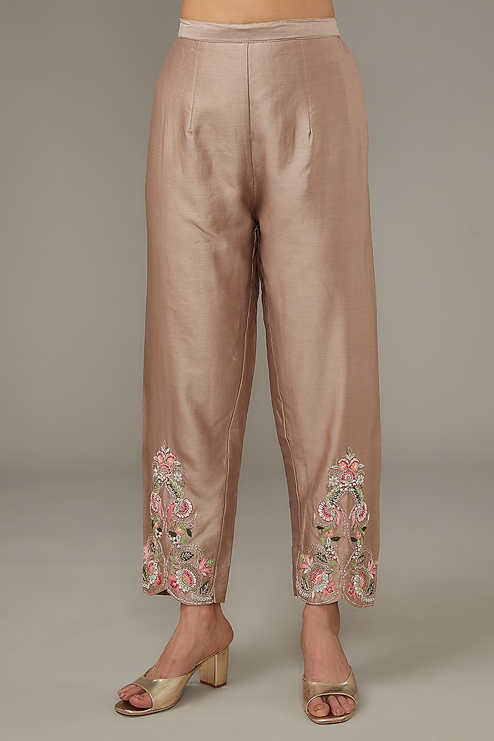 Light Coffee Silk Chanderi & Satin Lycra Hand Embroidered Co-Ord Set by Ojasvini at Pernia's Pop Up Shop