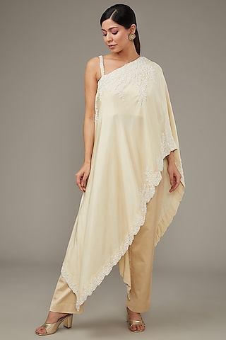 Ivory Silk & Satin Lycra Cutdana Embroidered Cape Set by Ojasvini
