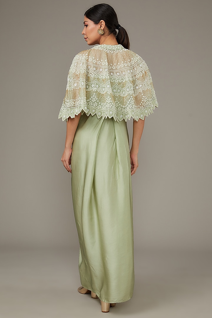 Green Satin Engagement Gown With Embroidered Cape by Ojasvini at Pernia's Pop Up Shop