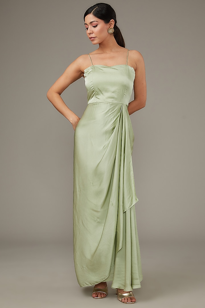 Green Satin Engagement Gown With Embroidered Cape by Ojasvini at Pernia's Pop Up Shop