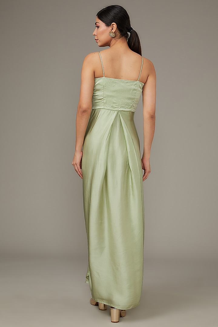 Green Satin Engagement Gown With Embroidered Cape by Ojasvini at Pernia's Pop Up Shop