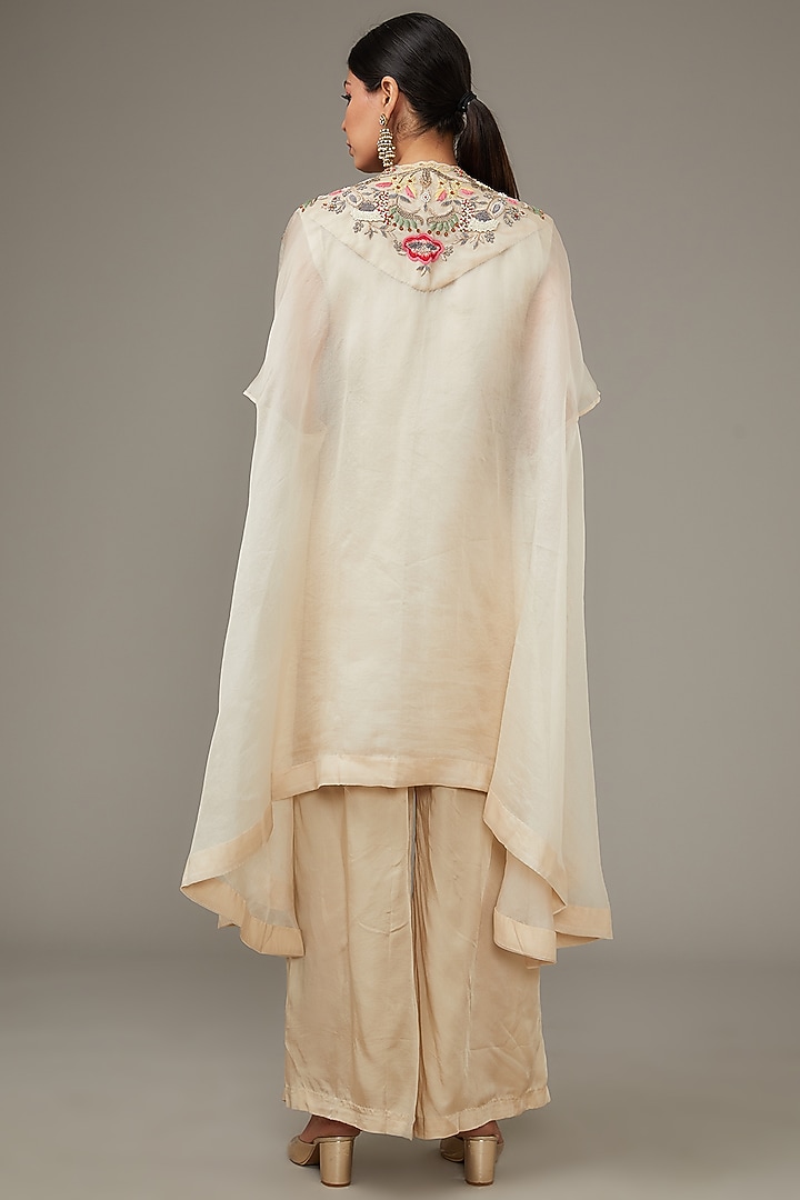 Ivory Silk Chanderi & Organza Embroidered Jacket Kurta Set by Ojasvini at Pernia's Pop Up Shop