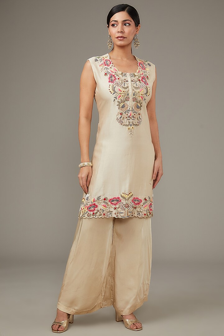 Ivory Silk Chanderi & Organza Embroidered Jacket Kurta Set by Ojasvini at Pernia's Pop Up Shop
