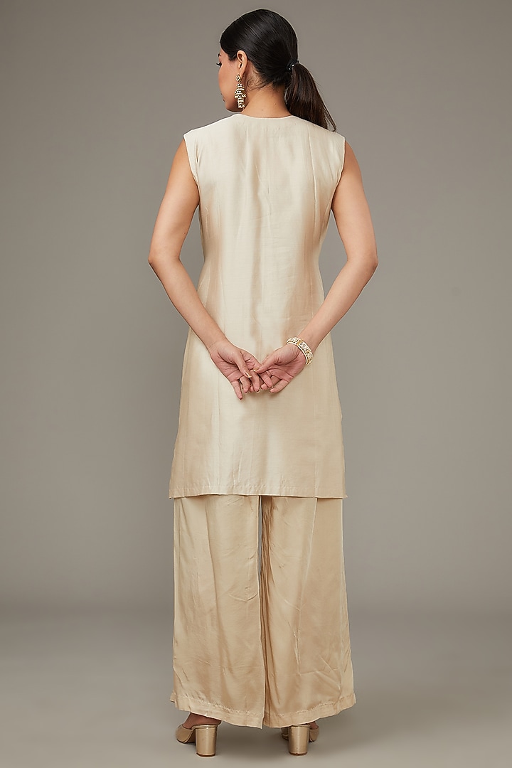 Ivory Silk Chanderi & Organza Embroidered Jacket Kurta Set by Ojasvini at Pernia's Pop Up Shop