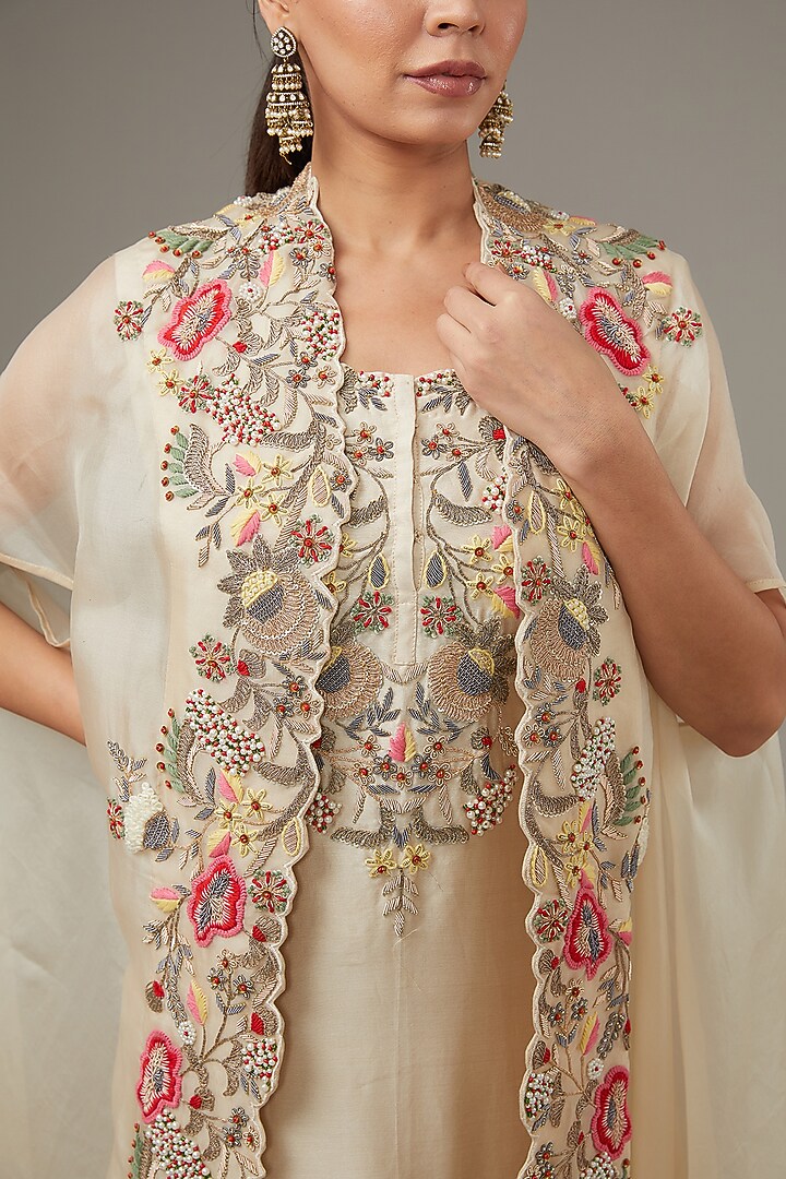 Ivory Silk Chanderi & Organza Embroidered Jacket Kurta Set by Ojasvini at Pernia's Pop Up Shop