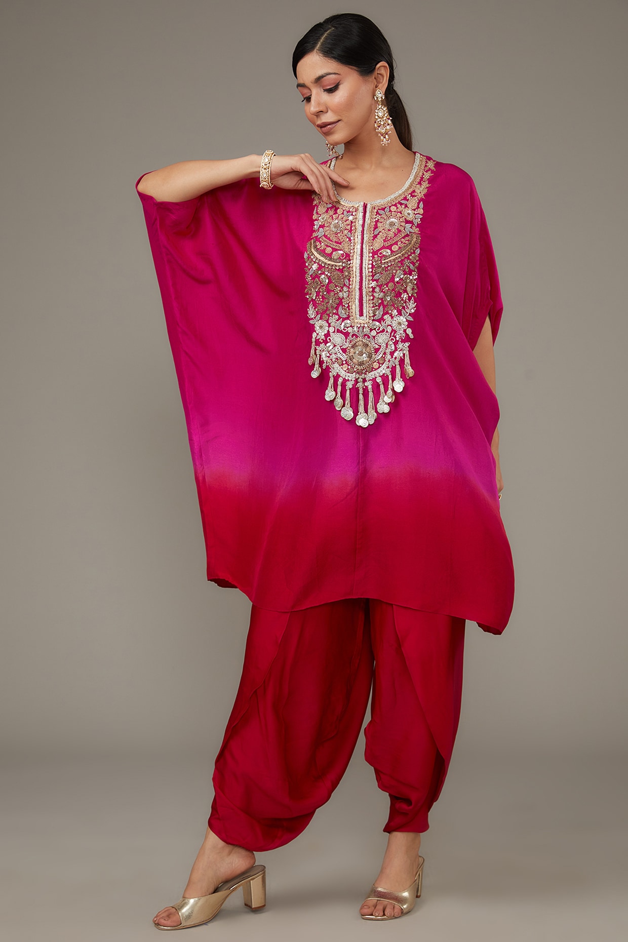 Red Chinese Dupion Satin Hand Embroidered Kaftan Set by Ojasvini at Pernia s Pop Up Shop 2024