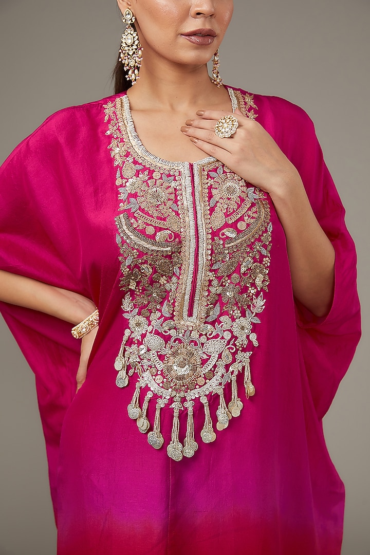 Red Chinese Dupion & Satin Hand Embroidered Kaftan Set by Ojasvini at Pernia's Pop Up Shop