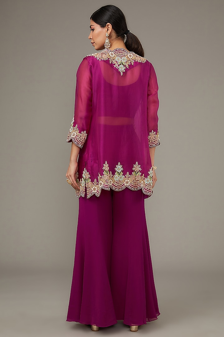 Purple Silk & Georgette Hand Embroidered Jacket Set by Ojasvini at Pernia's Pop Up Shop