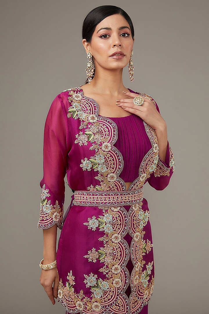 Purple Silk & Georgette Hand Embroidered Jacket Set by Ojasvini at Pernia's Pop Up Shop