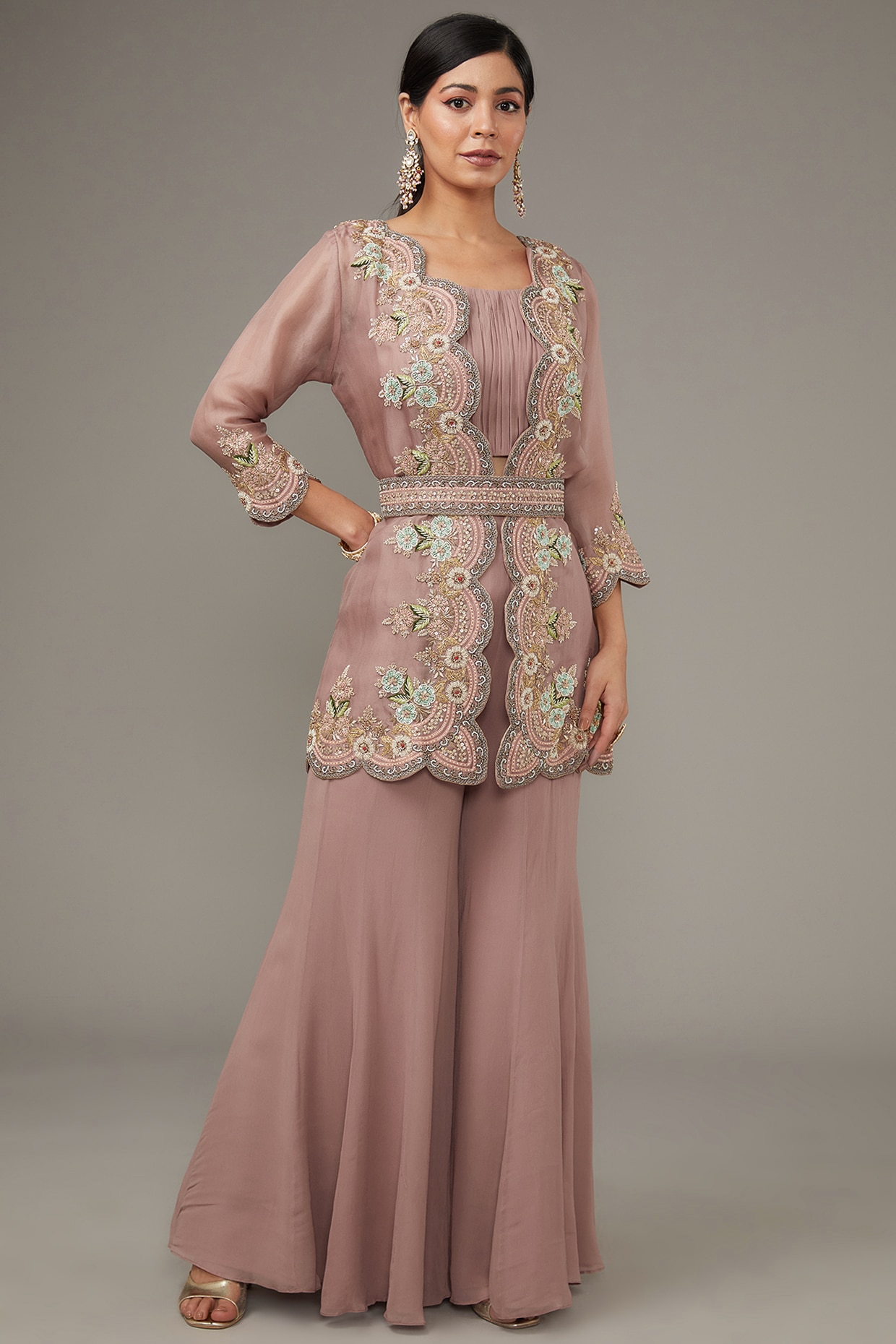 Mint Georgette Embroidered Jacket Set main image 0