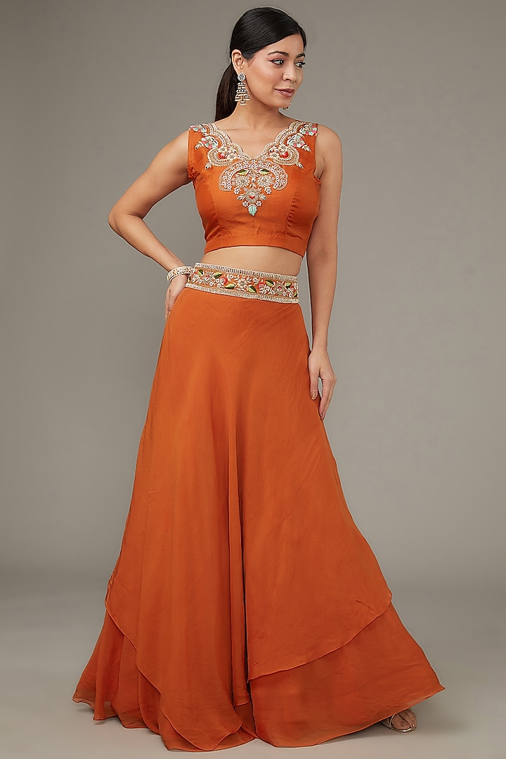 Orange Organza Embroidered Jacket Wedding Lehenga Set by Ojasvini at Pernia's Pop Up Shop