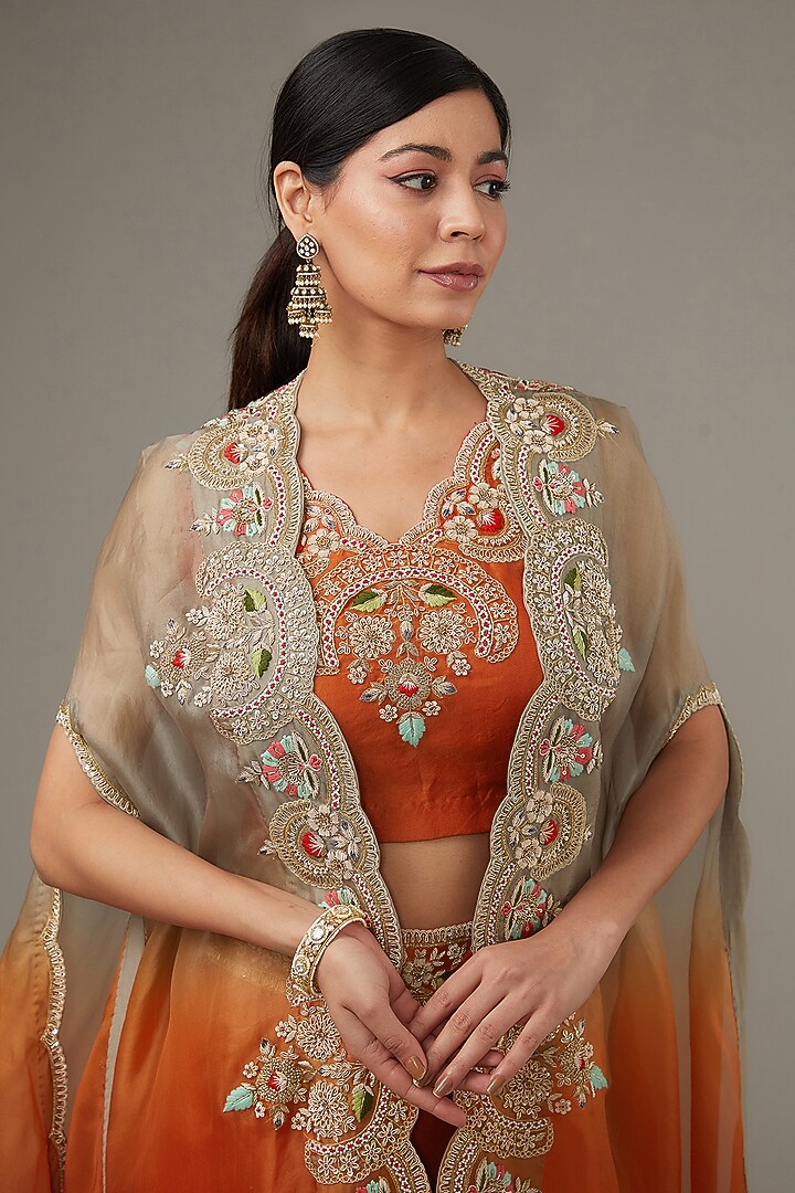 Orange Organza Embroidered Jacket Wedding Lehenga Set by Ojasvini at Pernia's Pop Up Shop