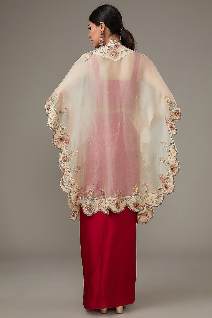 Ivory Organza Hand Embroidered Cape Set by Ojasvini at Pernia's Pop Up Shop