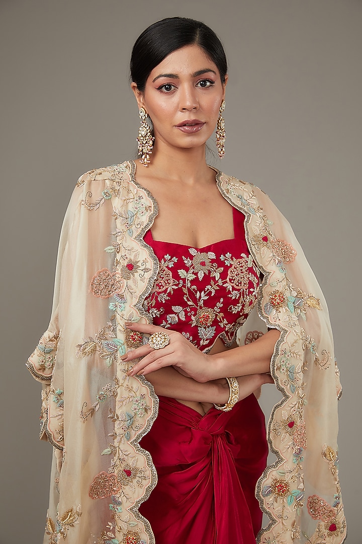 Ivory Organza Hand Embroidered Cape Set by Ojasvini at Pernia's Pop Up Shop