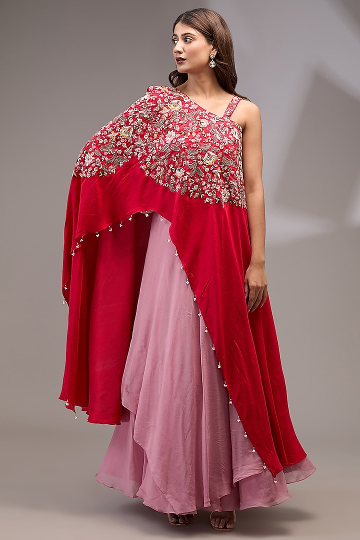 Pink Organza Layered Gown With Cape by Ojasvini
