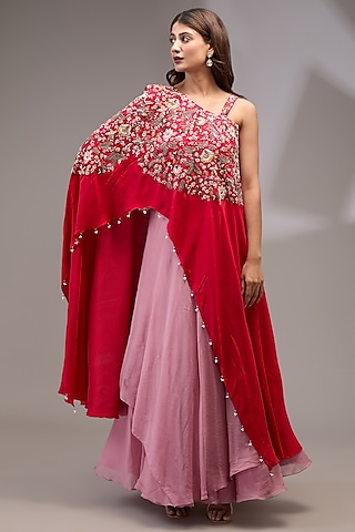 Pink Organza Layered Gown With Cape by Ojasvini