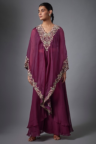 Purple Organza Hand Embroidered Cape Set by Ojasvini
