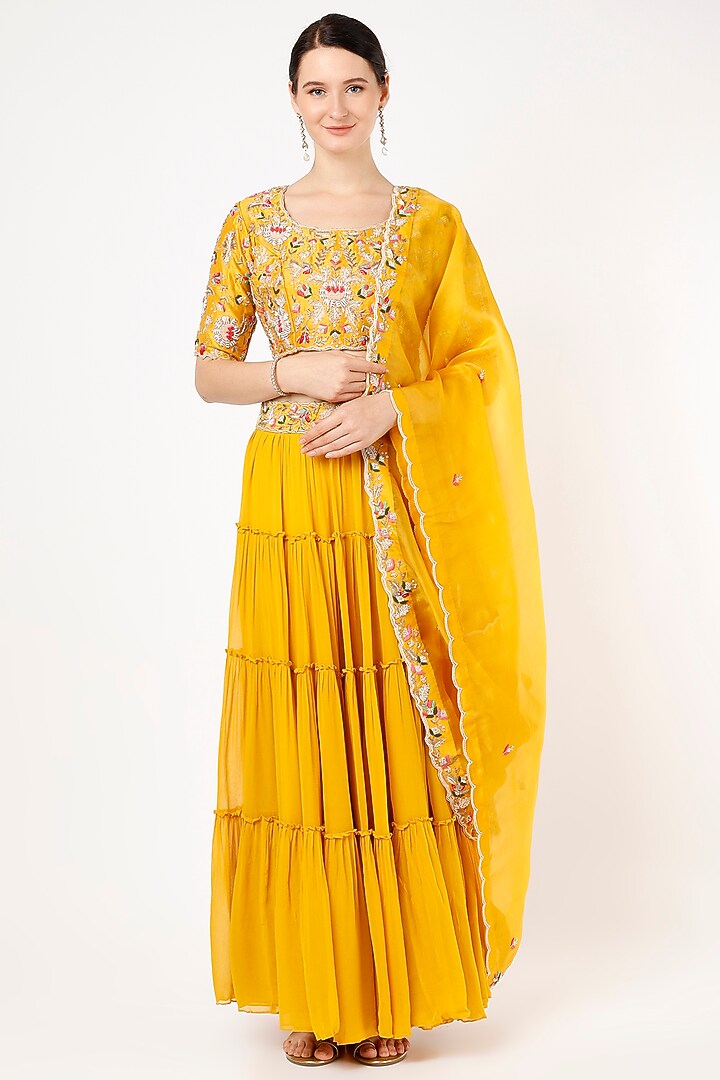 Mustard Georgette Wedding Lehenga Set by Ojasvini at Pernia's Pop Up Shop
