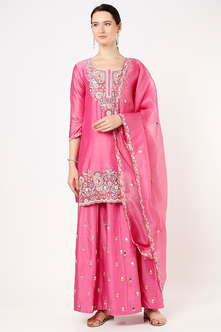 Pink Silk Chanderi Gharara Set by Ojasvini