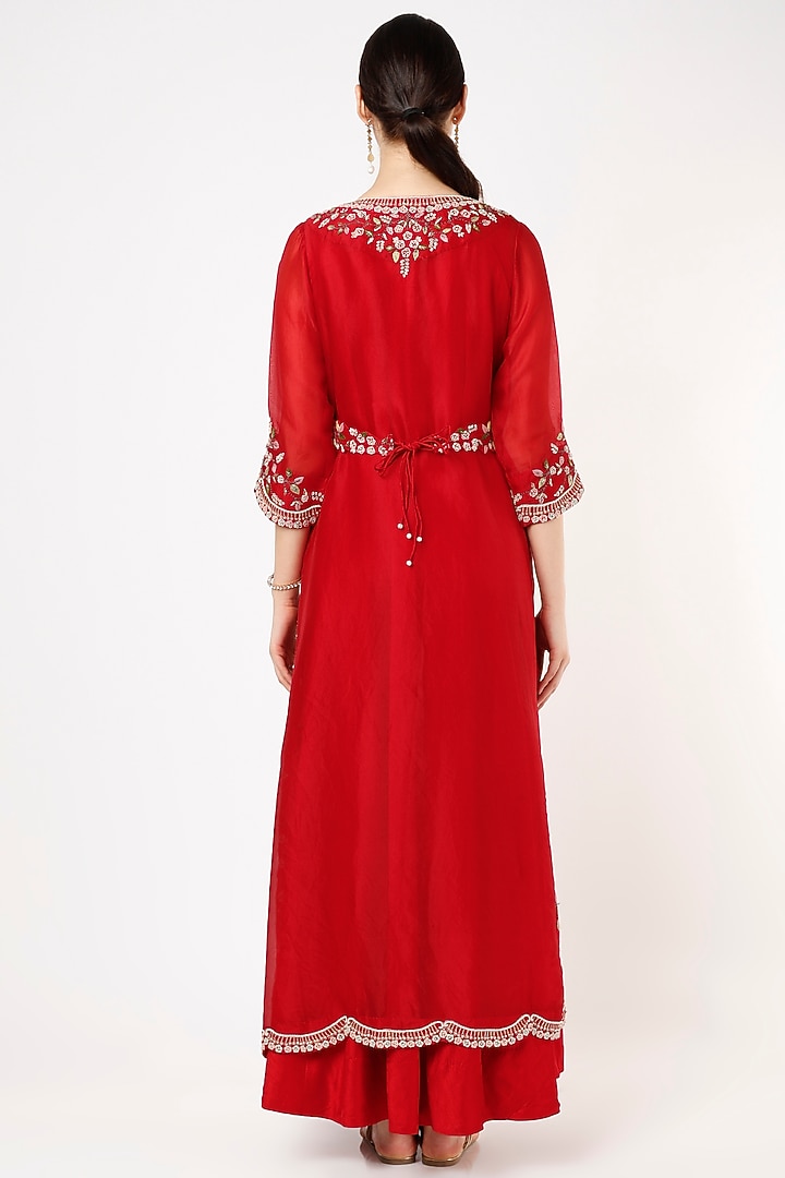 Red Silk Chanderi Wedding Anarkali With Belt by Ojasvini at Pernia's Pop Up Shop