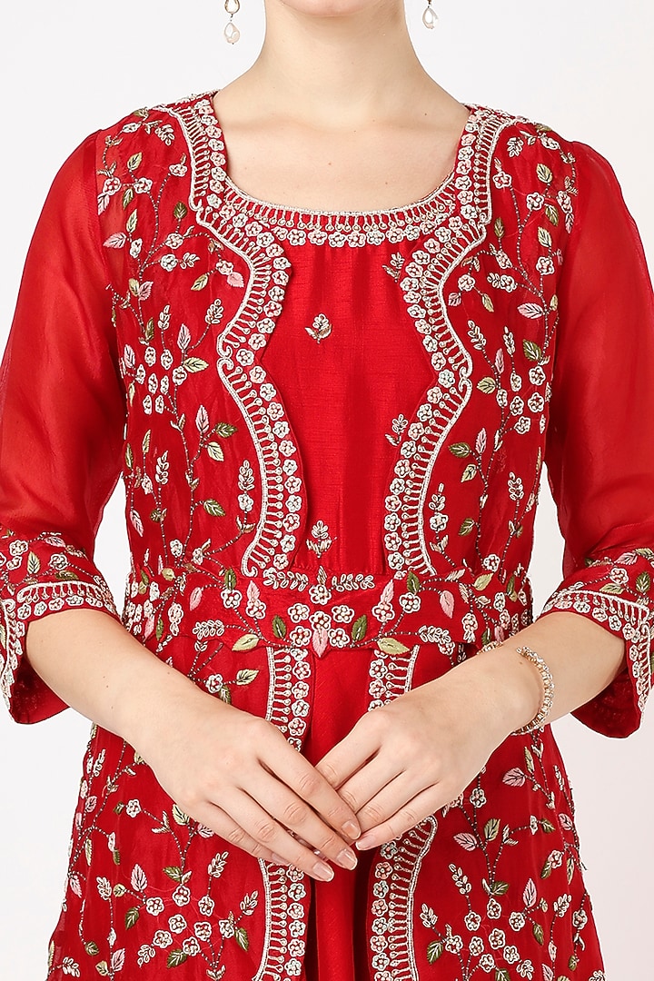Red Silk Chanderi Wedding Anarkali With Belt by Ojasvini at Pernia's Pop Up Shop