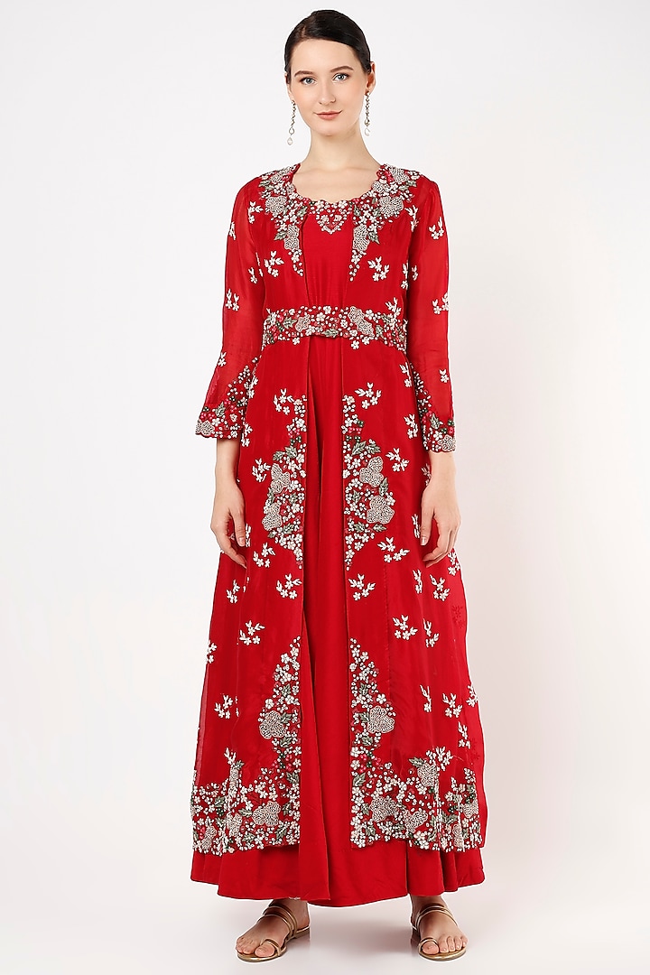 Red Silk Chanderi Anarkali With Embroidered Jacket by Ojasvini at Pernia's Pop Up Shop